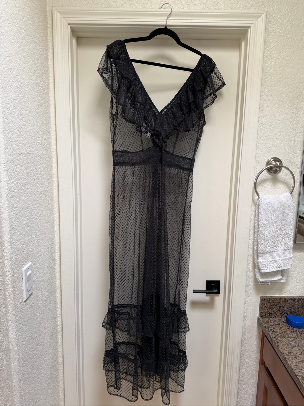Anthropologie Sheer Black Ruffle Lace Slip Dress